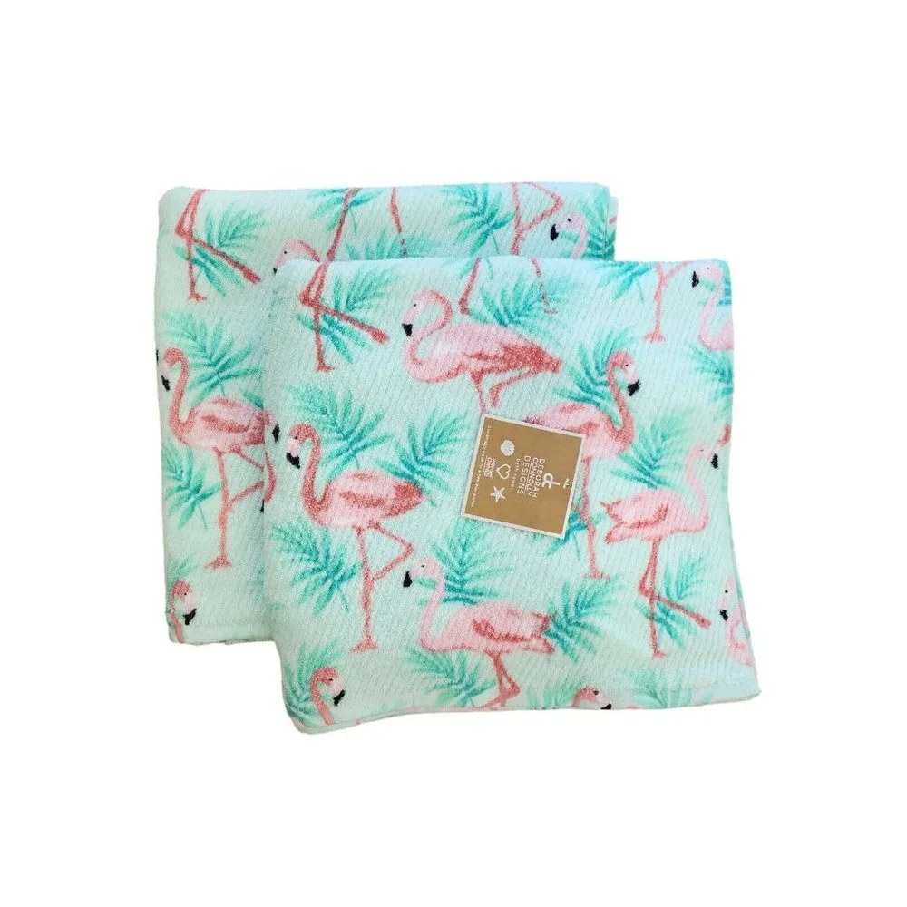 Deborah Connolly Set of 2 Flamingo Palm Bath Towels Coral Mint NWT